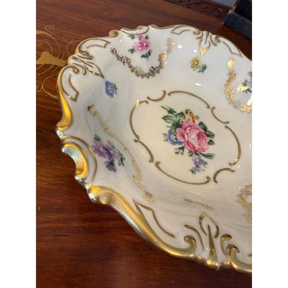 Vintage German Porcelain Trinket Dish, JLMenau Floral Gilt‎ Vanity Bowl